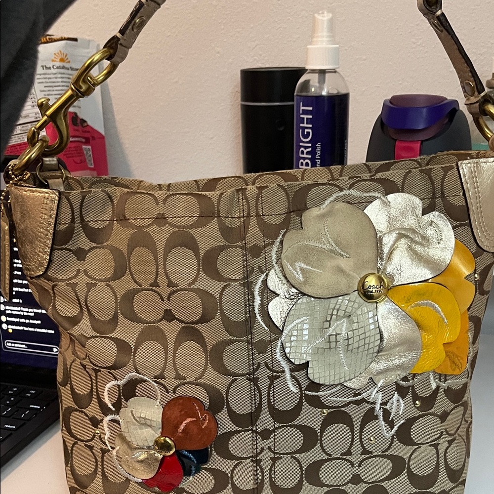 Coach Tan and Gold Floral Shoulder Bag